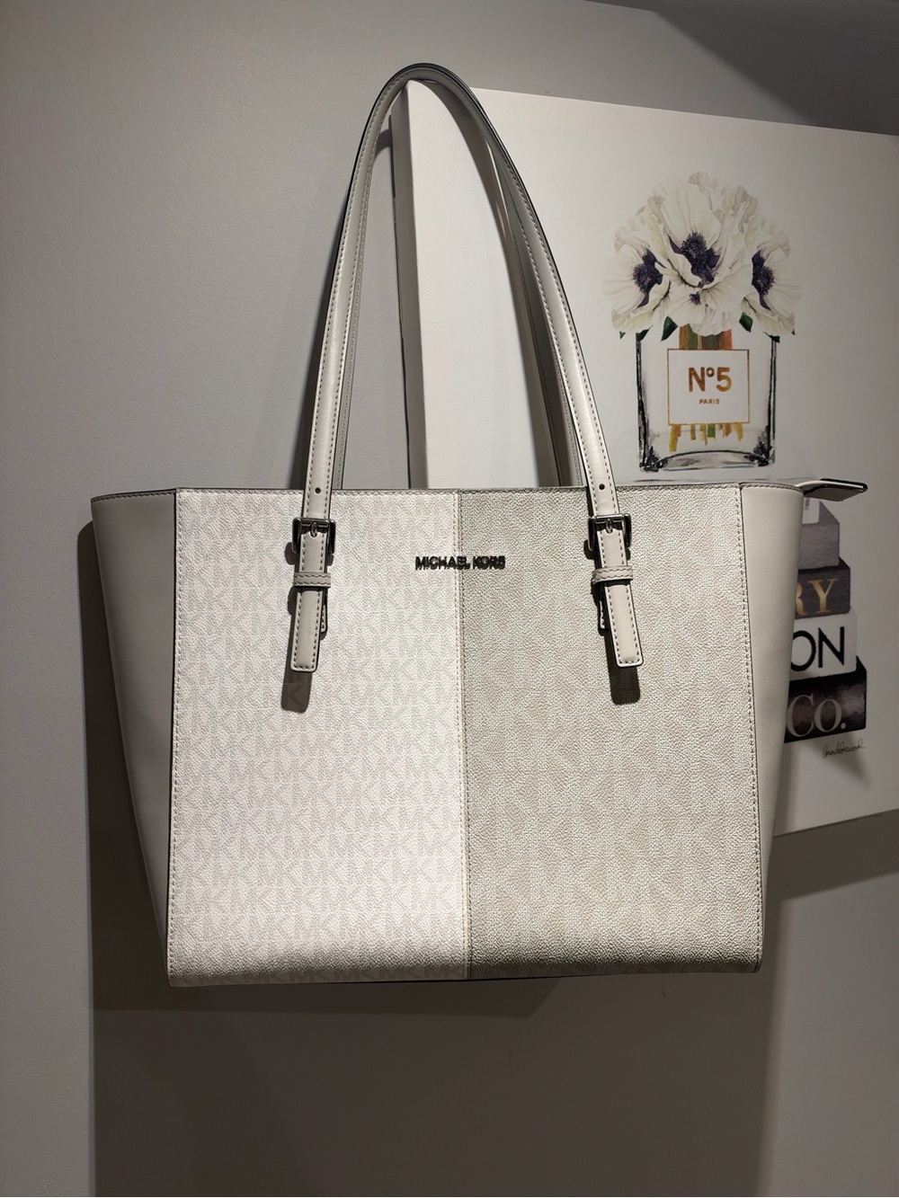 Michael Kors Gray/White Signature Logo Tote with Silver Hardware